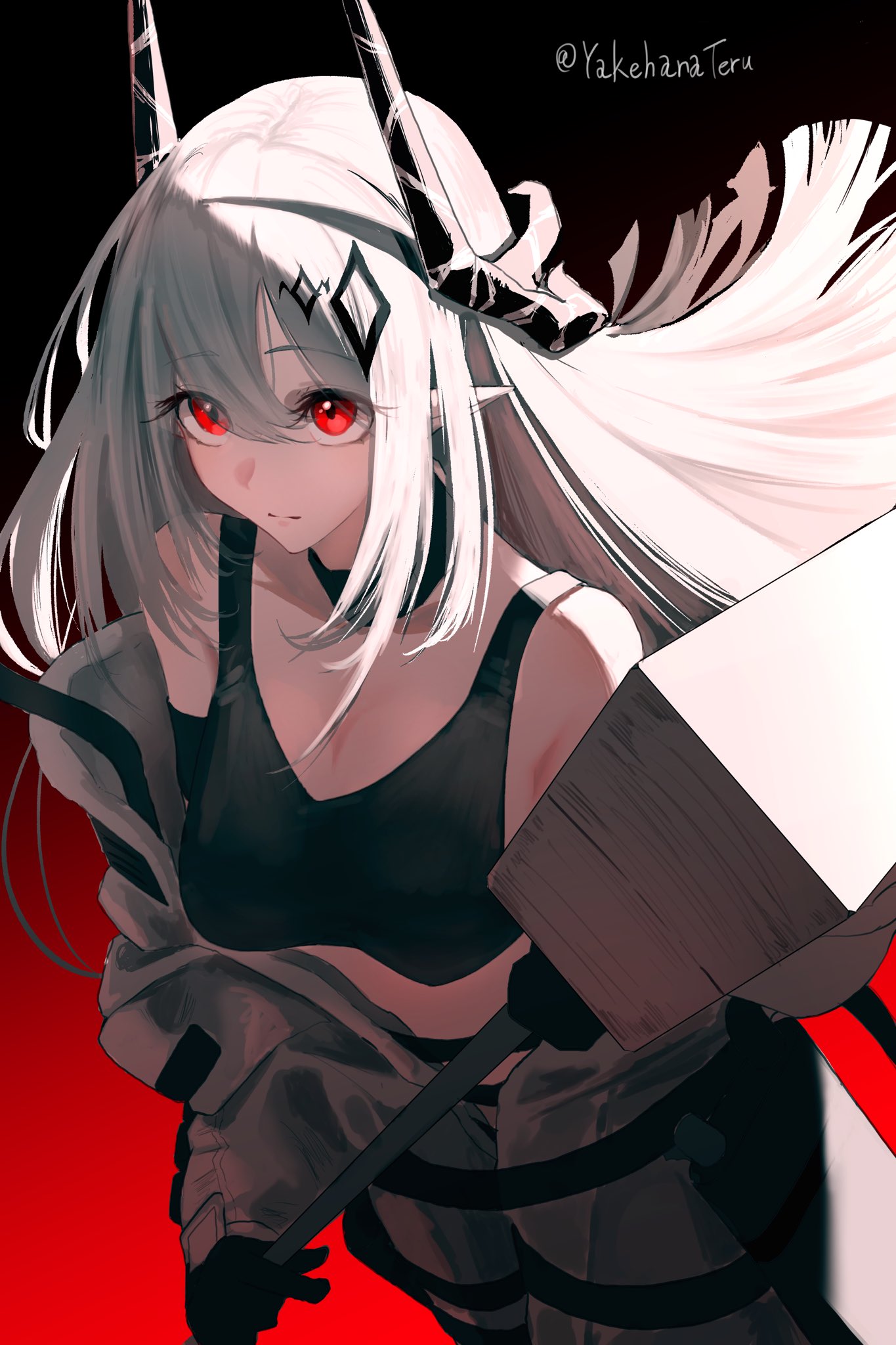 yakehanateru, mudrock (arknights), mudrock (elite ii) (arknights), arknights, commentary, highres, 1girl, black background, black collar, black gloves, black horns, black sports bra, breasts, closed mouth, collar, cowboy shot, crop top, eyes visible through hair, floating hair, gloves, gradient background, hair between eyes, hammer, holding, holding hammer, holding weapon, horns, jumpsuit, long hair, long sleeves, looking at viewer, medium breasts, off shoulder, pointy ears, red background, red eyes, sledgehammer, sleeveless, solo, sports bra, standing, twitter username, weapon, white background, white hair
