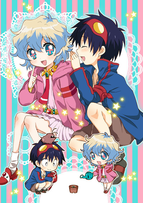 mizutama, mizutama (artist), boota (ttgl), nia teppelin, simon (ttgl), tengen toppa gurren lagann, 00s, 1boy, 1girl, alternate hairstyle, blue hair, bracelet, chibi, core drill, couple, dress, drill, goggles, goggles on head, hood, hoodie, jacket, jewelry, multicolored hair, necktie, pink dress, pink skirt, plant, short hair, skirt, smile, socks, watering can