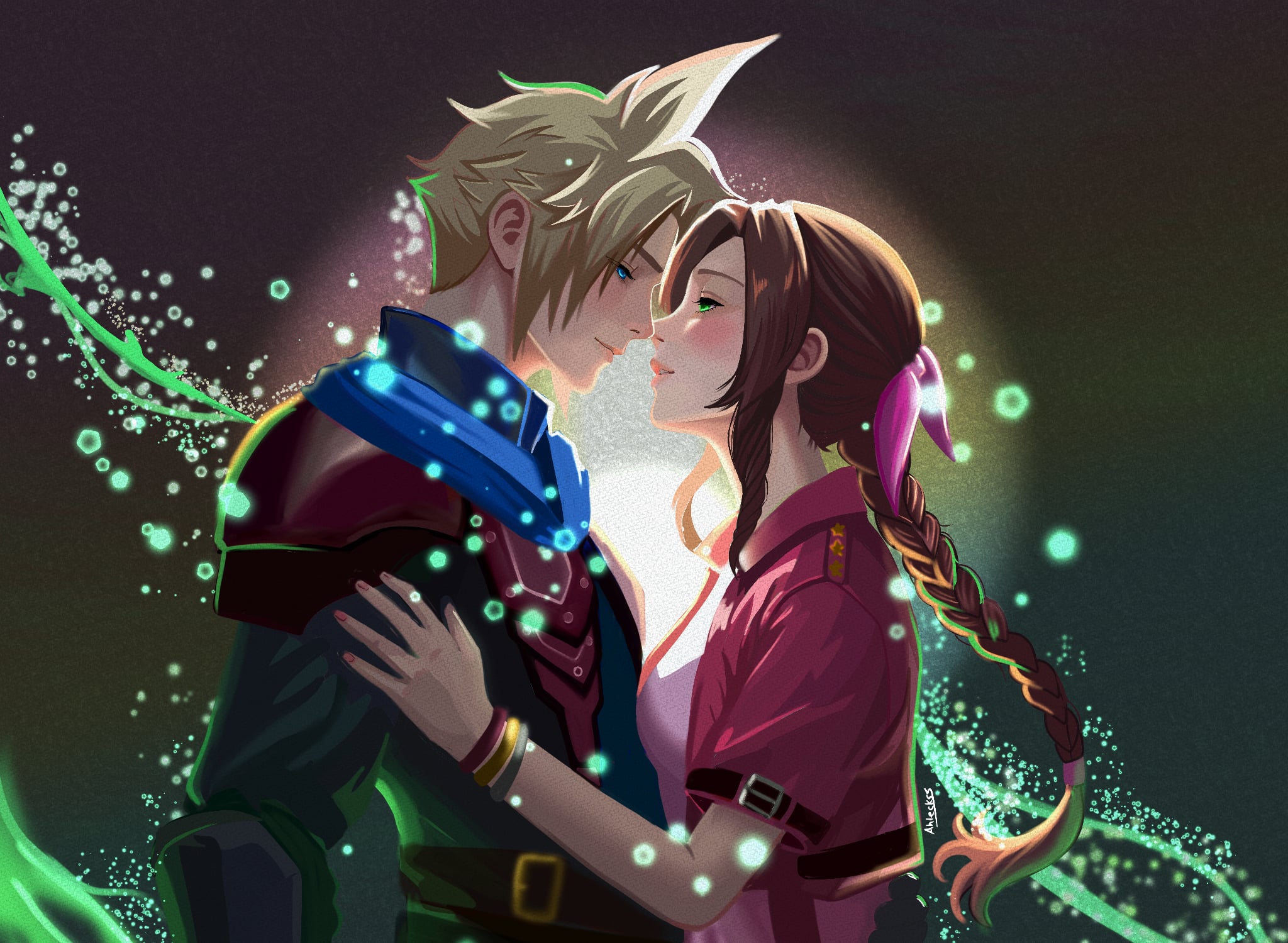 aerith gainsborough, cloud strife, cloud strife (alphreid costume), final fantasy, final fantasy vii, final fantasy vii rebirth, final fantasy vii remake, highres, 1boy, 1girl, ahleckss, aqua eyes, armor, artist name, bangle, black shirt, blue cloak, blush, bracelet, braid, braided ponytail, breasts, cloak, couple, cropped jacket, dress, green eyes, hair ribbon, hand on another's arm, hetero, imminent penetration, jacket, jewelry, leather armor, lifestream, long hair, medium breasts, official alternate costume, parted bangs, parted lips, pink dress, pink ribbon, red jacket, ribbon, shirt, short hair, sidelocks, single braid, spiked hair, suspenders, vambraces