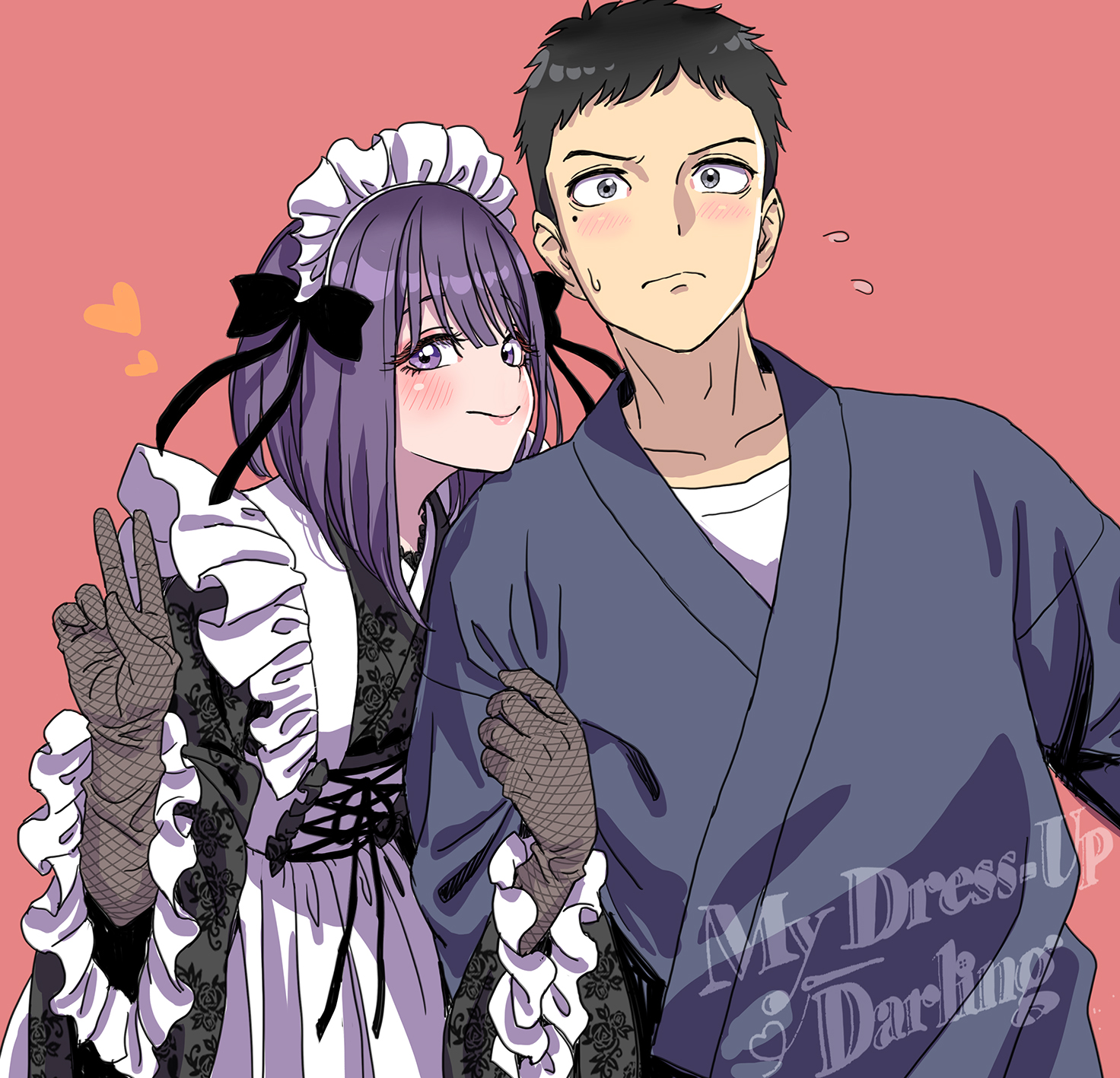 yamashita shun'ya, gojou wakana, kitagawa marin, kuroe shizuku, sono bisque doll wa koi wo suru, highres, 1boy, 1girl, apron, arm hug, black hair, black kimono, blush, cosplay, fishnet gloves, fishnets, gloves, japanese clothes, kimono, kuroe shizuku (cosplay), maid, maid headdress, medium hair, purple eyes, purple hair, red background, short hair, simple background, v, white apron
