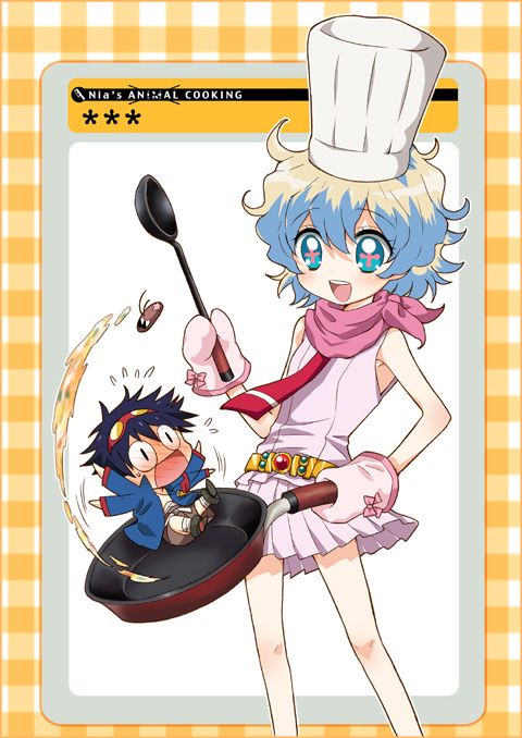 mizutama, mizutama (artist), boota (ttgl), nia teppelin, simon (ttgl), tengen toppa gurren lagann, 00s, 1boy, 1girl, alternate hairstyle, bandana, chef, chef hat, chibi, cooking, dress, frying pan, gloves, hat, multicolored hair, necktie, oven mitts, pink dress, pink skirt, short hair, skirt, sleeveless, smile