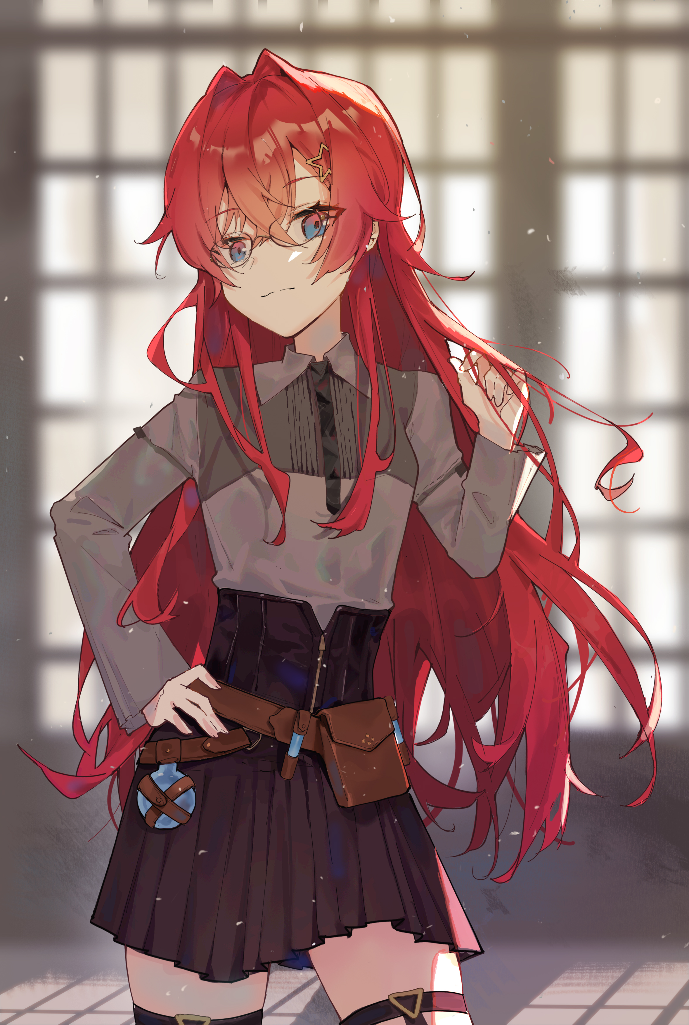 fang qiao, ange katrina, ange katrina (4th costume), nijisanji, absurdres, commentary, highres, variant set, 1girl, belt, belt pouch, black necktie, black skirt, blue eyes, blurry, blurry background, breasts, brown belt, closed mouth, collared shirt, cowboy shot, crossed bangs, flask, glasses, gradient eyes, grey shirt, hair between eyes, hair intakes, hair ornament, hand in own hair, hand on own hip, hand up, high-waist skirt, light particles, long hair, long sleeves, looking at viewer, miniskirt, multicolored eyes, muntins, necktie, pink eyes, pleated skirt, pleated sleeves, pouch, red hair, round-bottom flask, shirt, shirt tucked in, skirt, small breasts, solo, split mouth, square-end necktie, standing, star (symbol), star hair ornament, thigh strap, very long hair, virtual youtuber, window