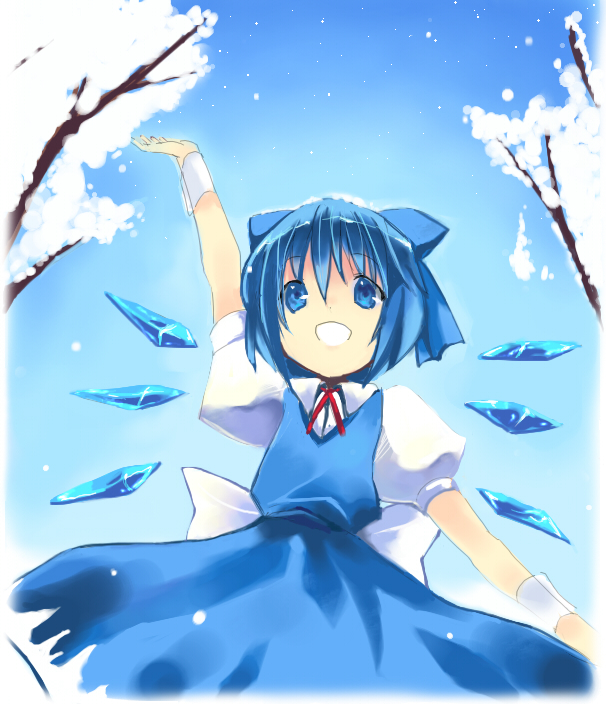 panbai, cirno, touhou, 1girl, blue hair, dress, female focus, gradient background, nature, outdoors, plant, ribbon, short hair, sky, solo, wings