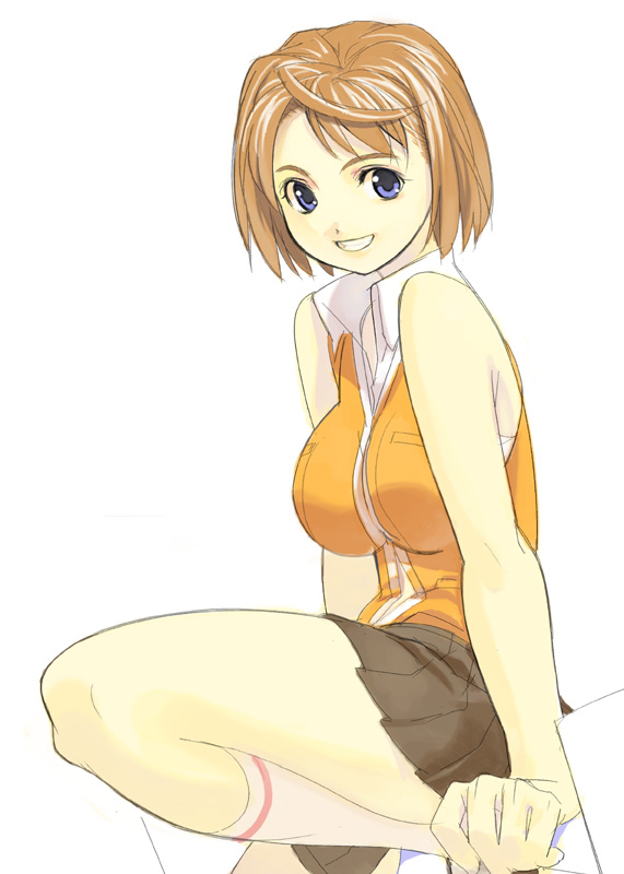 kizaki, tokiha mai, my-hime, 00s, 1girl, blue eyes, breasts, brown hair, female focus, kneehighs, large breasts, orange hair, orange shirt, red hair, school uniform, serafuku, shirt, short hair, sitting, skirt, smile, socks, solo