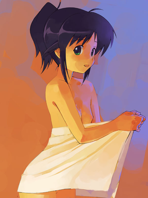 kizaki, andou mahoro, mahoromatic, multicolored background, 1girl, bare shoulders, bath towel, black hair, breasts, collarbone, faux traditional media, female focus, flat chest, green eyes, looking at viewer, naked towel, nipples, short hair, simple background, small breasts, solo, standing, towel