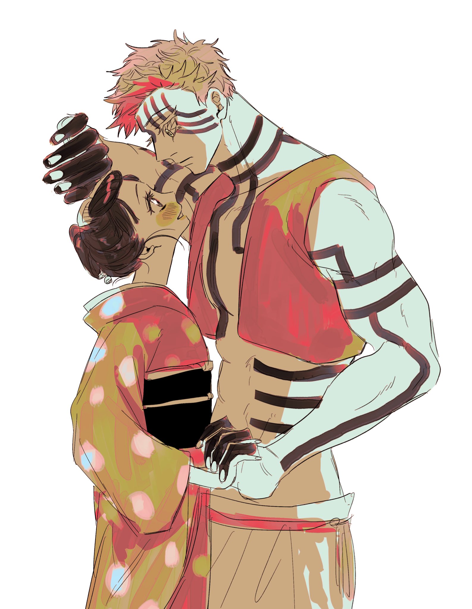 nabeoishi 705, hakuji (kimetsu no yaiba), koyuki (kimetsu no yaiba), kimetsu no yaiba, highres, 1boy, 1girl, abs, black hair, blush, body markings, couple, cowboy shot, cropped vest, demon boy, facial mark, hetero, holding hands, interlocked fingers, japanese clothes, kabedon, kimono, looking at another, looking at viewer, midriff, muscular, muscular male, parted lips, polka dot, polka dot kimono, short hair, updo, vest, white background