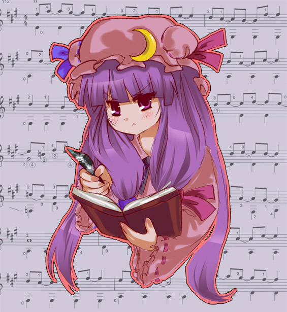 noorrzz, patchouli knowledge, touhou, 1girl, beamed quavers, book, female focus, hat, long hair, musical note, musical staff, purple eyes, purple hair, ribbon, sharp sign, sheet music, solo, treble clef