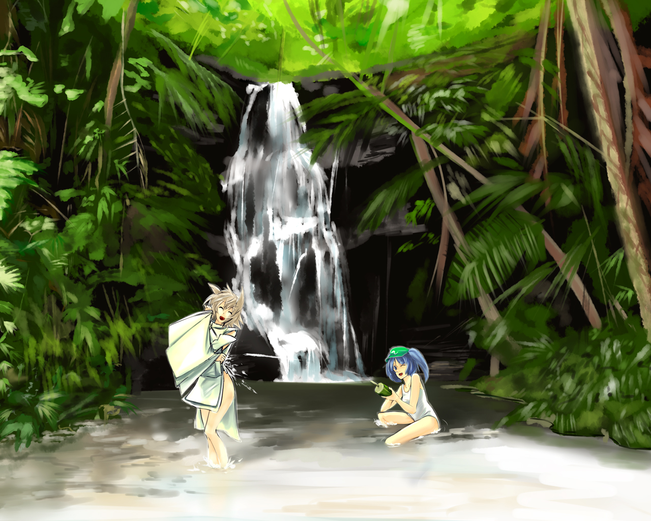 had (had314), had (lynchis), inubashiri momiji, kawashiro nitori, touhou, bad id, bad pixiv id, 2girls, blue hair, bottle, brown hair, closed eyes, female focus, forest, multiple girls, nature, one-piece swimsuit, one eye closed, scenery, swimsuit, two side up, water, water bottle, waterfall, wink