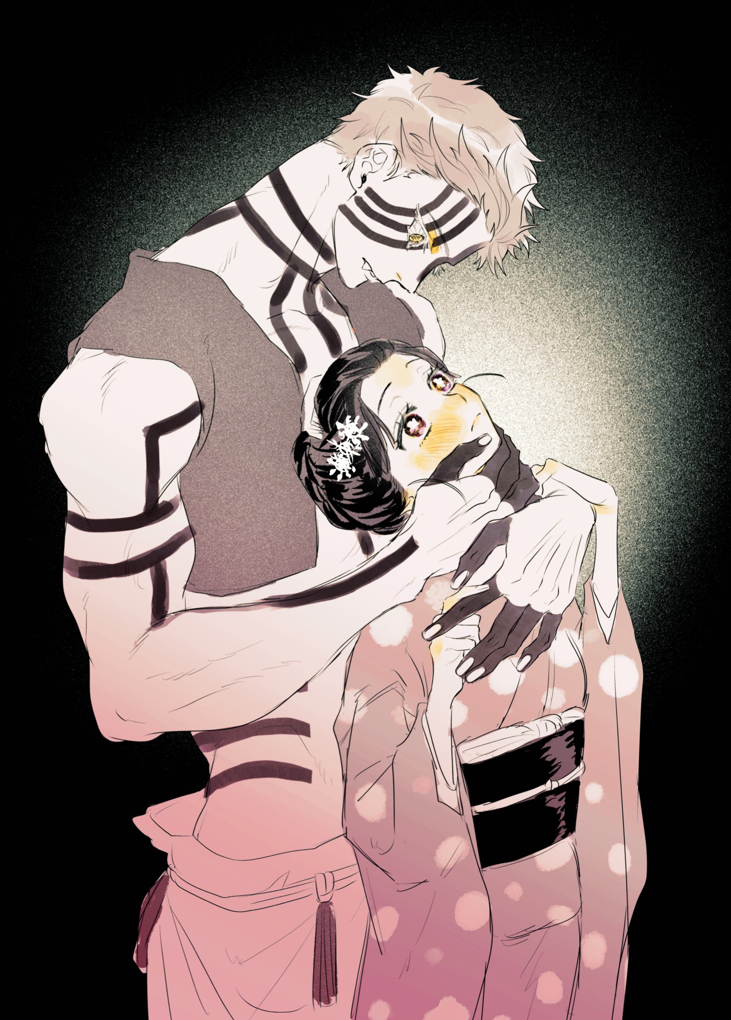 nabeoishi 705, hakuji (kimetsu no yaiba), koyuki (blue archive), kimetsu no yaiba, highres, 1boy, 1girl, black background, black hair, blush, body markings, couple, cowboy shot, cropped vest, demon boy, facial mark, fang, fang out, hand on another's chin, hetero, holding another's wrist, japanese clothes, kimono, looking at another, midriff, muscular, muscular male, parted bangs, polka dot, polka dot kimono, short hair, updo, vest
