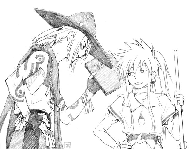 arche klein, claus f. lester, tales of (series), tales of phantasia, book, greyscale, hat, monochrome