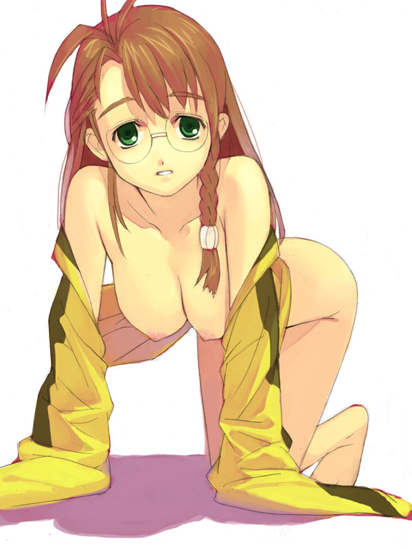 kizaki, shion uzuki, xeno (series), xenosaga, 00s, 1girl, all fours, barefoot, bottomless, braid, breasts, brown hair, feet, female focus, glasses, green eyes, hanging breasts, long hair, long sleeves, naked shirt, nipples, no bra, open clothes, open shirt, shirt, single braid, sleeves past wrists, solo