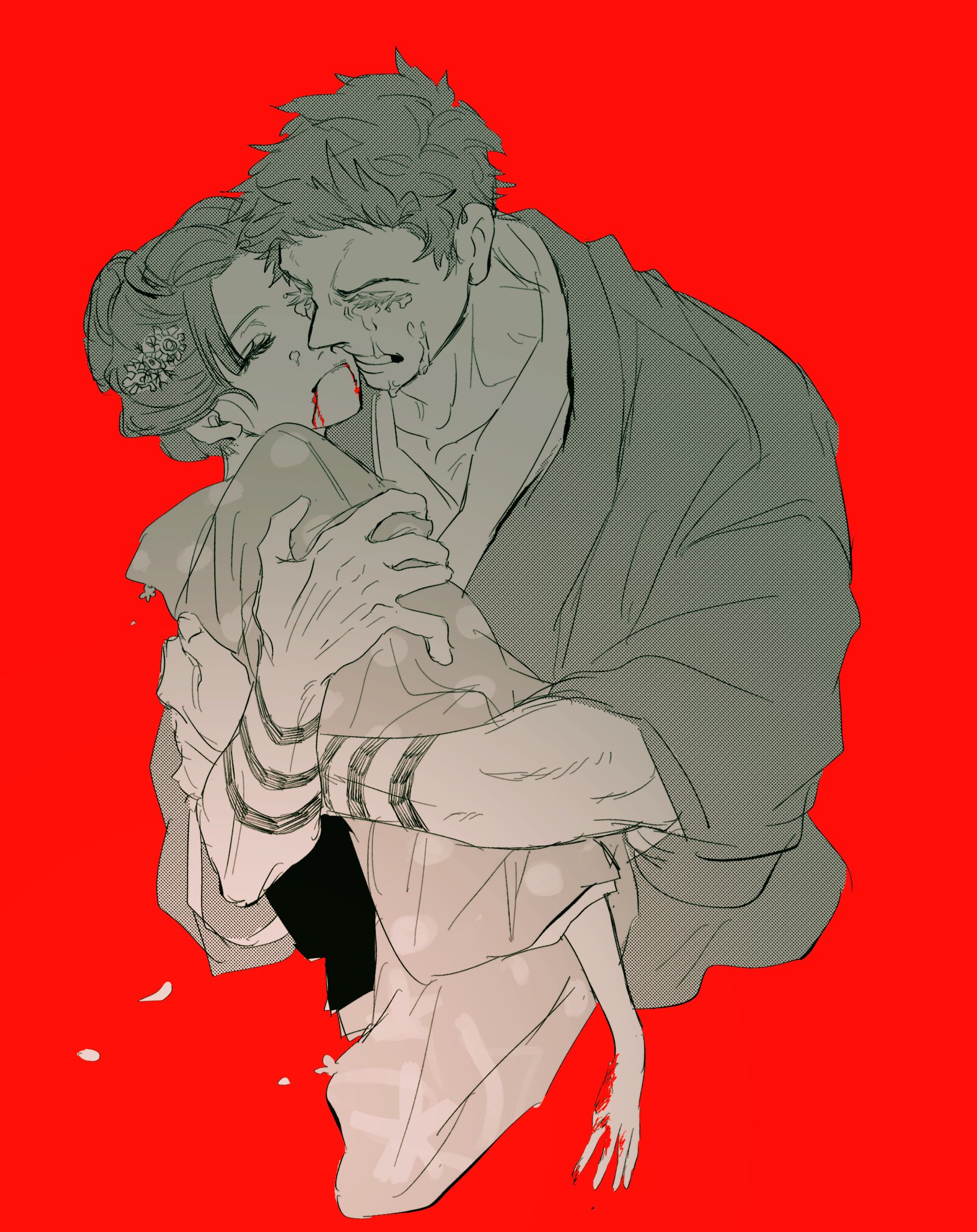nabeoishi 705, hakuji (kimetsu no yaiba), koyuki (kimetsu no yaiba), kimetsu no yaiba, highres, 1boy, 1girl, blood, blood from mouth, blood on hands, body markings, clenched teeth, closed eyes, couple, cropped torso, crying, death, falling petals, furrowed brow, hetero, hug, japanese clothes, kimono, monochrome, parted bangs, petals, polka dot, polka dot kimono, red background, short hair, sidelocks, spot color, tears, teeth, updo, upper body