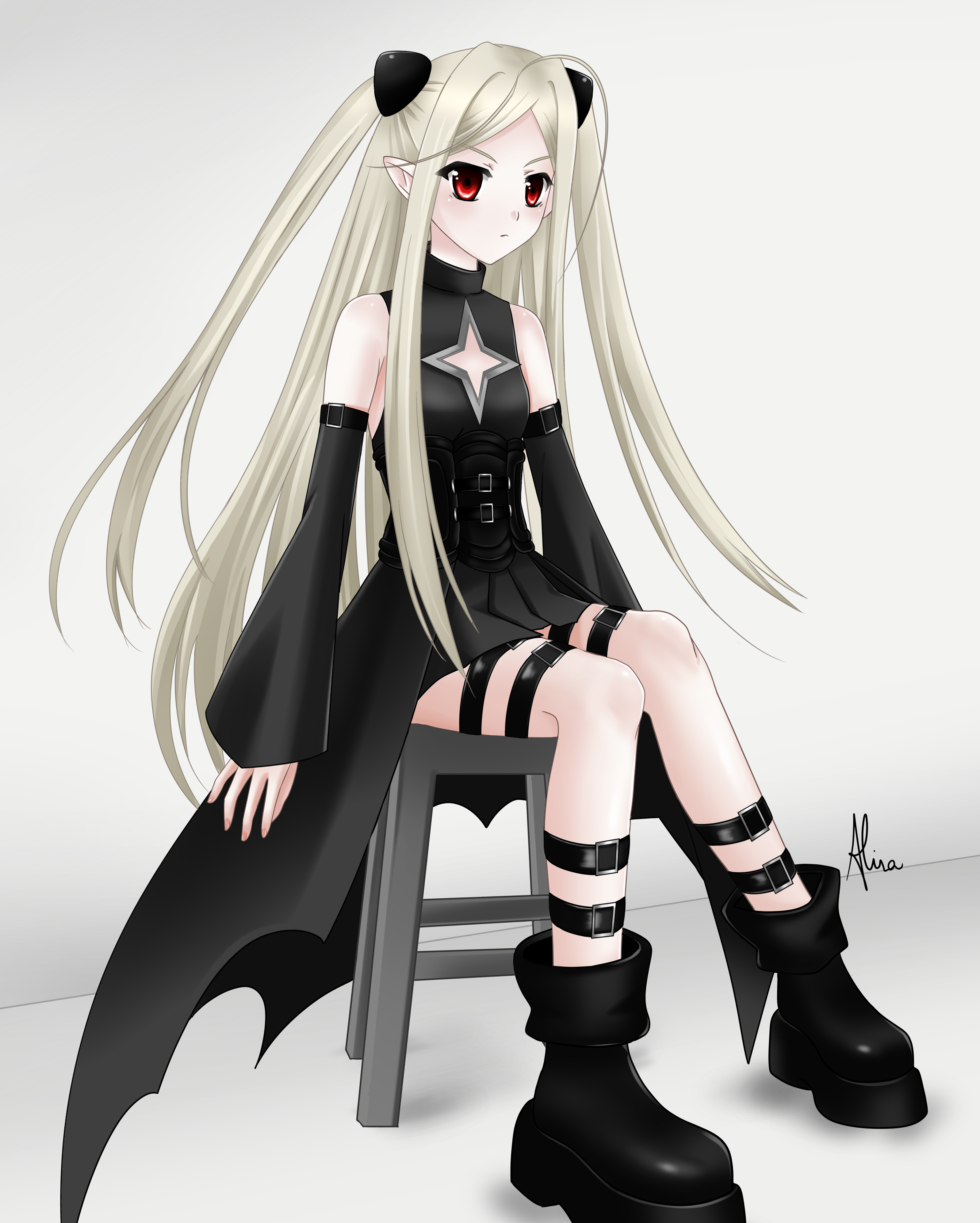 soliturnia, konjiki no yami, original, to love-ru, absurdres, highres, 1girl, 2000s (style), aeris eriethil, black dress, blonde hair, cosplay, detached sleeves, dress, flat chest, hair ornament, long hair, looking at viewer, pointy ears, red eyes, simple background, sitting, thigh strap, vampire, very long hair