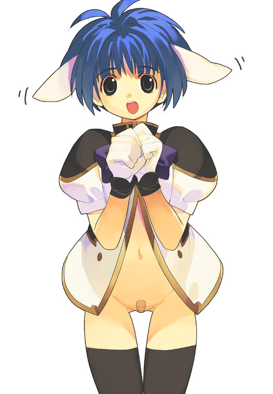 kizaki, mint blancmanche, galaxy angel, uniform, 00s, 1girl, :o, animal ears, antenna hair, bandaid, bandaid on pussy, black thighhighs, blue hair, bottomless, bow, bowtie, female focus, flat chest, gloves, gluteal fold, groin, looking at viewer, navel, open clothes, open mouth, open shirt, shirt, short hair, simple background, smile, solo, standing, thigh gap, thighhighs, turtleneck, white background, yellow eyes