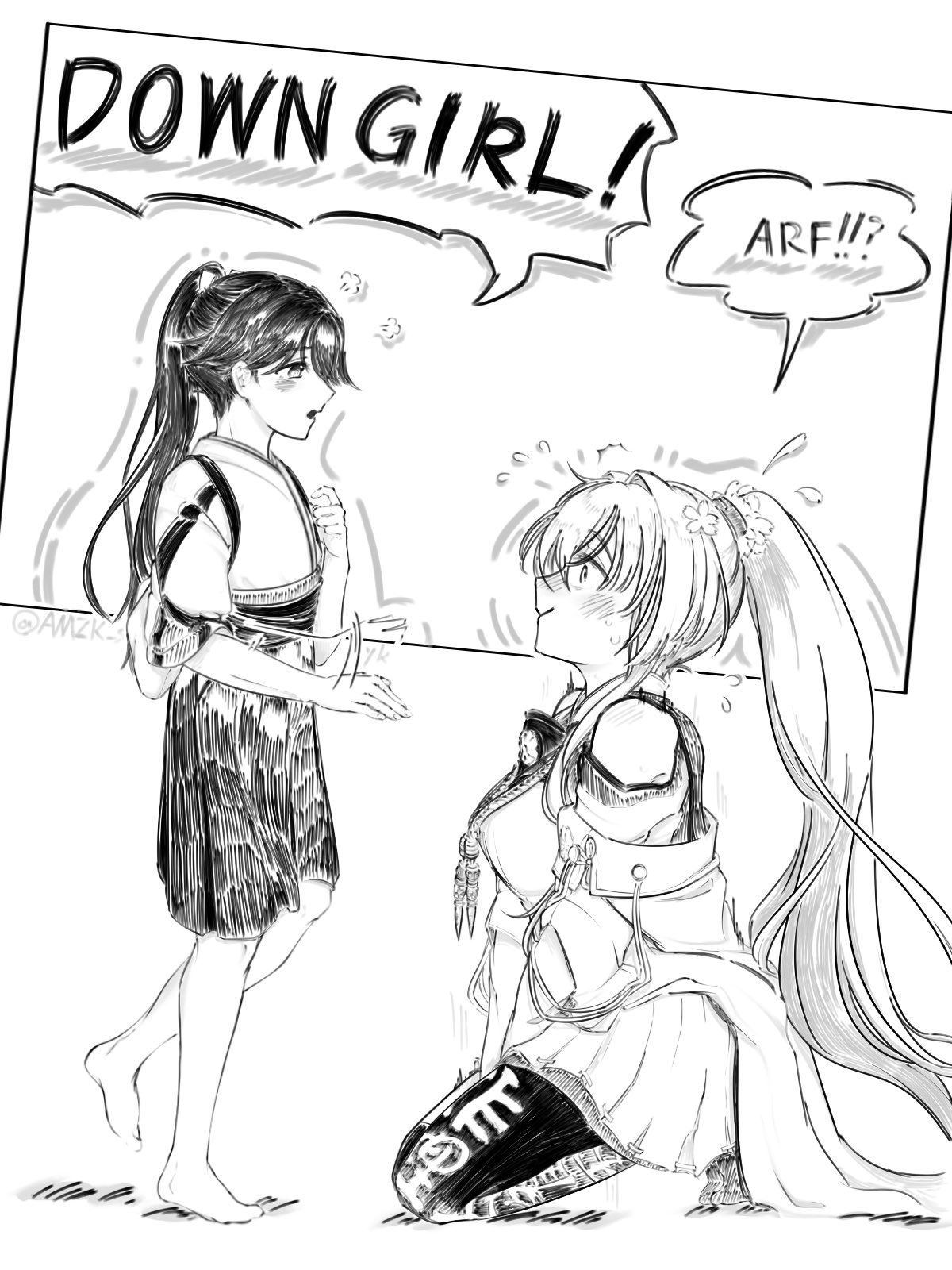 amzk syk, houshou (kancolle), yamato (kancolle), yamato kai ni (kancolle), kantai collection, highres, 1girl, barking, cherry blossoms, down boy!! (meme), english text, flower, hair flower, hair ornament, long hair, meme, multiple girls, pantyhose, ponytail, sidelocks, speech bubble, very long hair