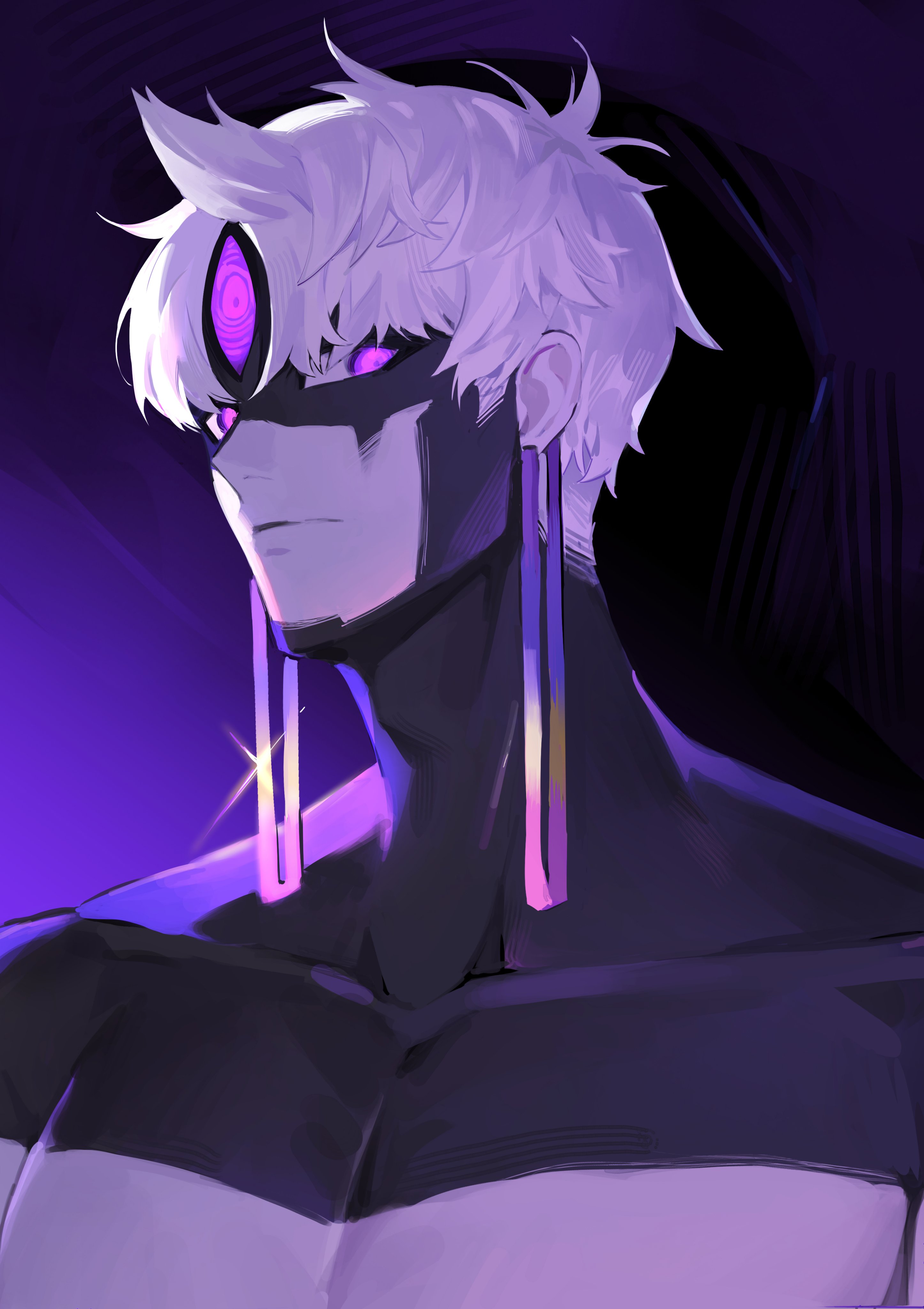 enjoji jin, evil eye (dandadan), dandadan, absurdres, commentary, highres, symbol-only commentary, 00ichigoovo00, 1boy, adam's apple, alternate form, closed mouth, collarbone, earrings, jewelry, looking at viewer, male focus, pectorals, purple eyes, ringed eyes, short hair, solo, third eye, upper body, white hair