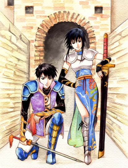 agahari, larcei (fire emblem), scathach (fire emblem), fire emblem, fire emblem: genealogy of the holy war, nintendo, 1boy, 1girl, armor, black hair, brother and sister, china dress, chinese clothes, dress, fingerless gloves, gloves, grey eyes, sheath, sheathed, short hair, siblings, sword, weapon