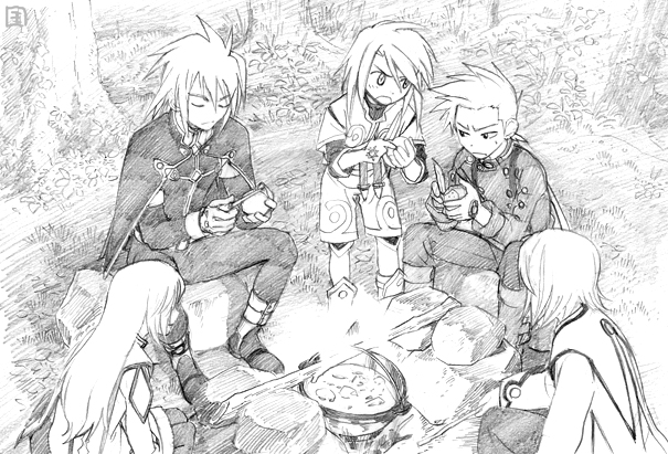 colette brunel, genius sage, kratos aurion, lloyd irving, raine sage, tales of (series), tales of symphonia, 00s, 2girls, 3boys, closed eyes, cooking, food, greyscale, knife, long hair, monochrome, multiple boys, multiple girls, slice of life