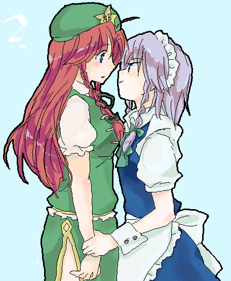 domazo no yuuki, mxkxm, hong meiling, izayoi sakuya, embodiment of scarlet devil, touhou, silver hair, bad id, bad pixiv id, md5 mismatch, 2girls, ?, blue eyes, blush, female focus, hat, long hair, multiple girls, red hair, ribbon, short hair