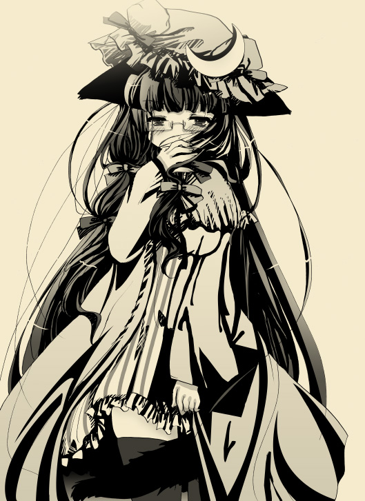 sakayaki (burning soul), patchouli knowledge, touhou, bad id, bad pixiv id, 1girl, bespectacled, blush, female focus, glasses, hat, monochrome, solo, yellow background, yellow theme