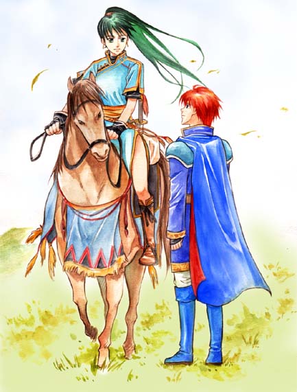 agahari, eliwood (fire emblem), lyn (fire emblem), fire emblem, fire emblem: the blazing blade, nintendo, 1boy, 1girl, blouse, blue shirt, fingerless gloves, gloves, green eyes, green hair, high ponytail, horse, horseback riding, long hair, ponytail, riding, shirt, sword, weapon