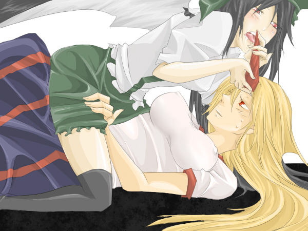 rui (hershe), hoshiguma yuugi, reiuji utsuho, touhou, 2girls, black hair, blonde hair, blush, breasts, female focus, hornjob, horns, huge breasts, impossible clothes, impossible shirt, licking, licking horn, long hair, multiple girls, ribbon, shirt, single horn, thighhighs, uncommon stimulation, wings, yuri