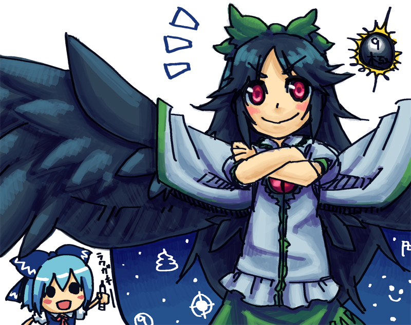 cirno, reiuji utsuho, touhou, artist request, marker (medium), traditional media, 2girls, black hair, blue hair, blush, circled 6, circled 9, female focus, long hair, multiple girls, red eyes, ribbon, short hair