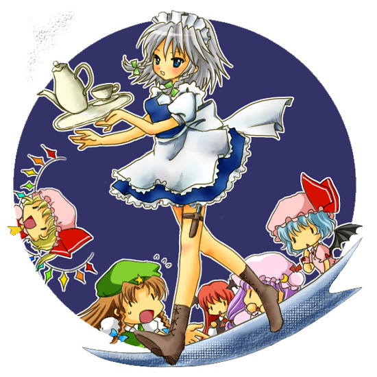 lco, flandre scarlet, hong meiling, izayoi sakuya, koakuma, patchouli knowledge, remilia scarlet, embodiment of scarlet devil, touhou, silver hair, bad id, bad pixiv id, 6+girls, blonde hair, blue eyes, blue hair, female focus, hat, knife, long hair, maid, mob cap, multiple girls, purple hair, red hair, ribbon, short hair, throwing knife, weapon, wings