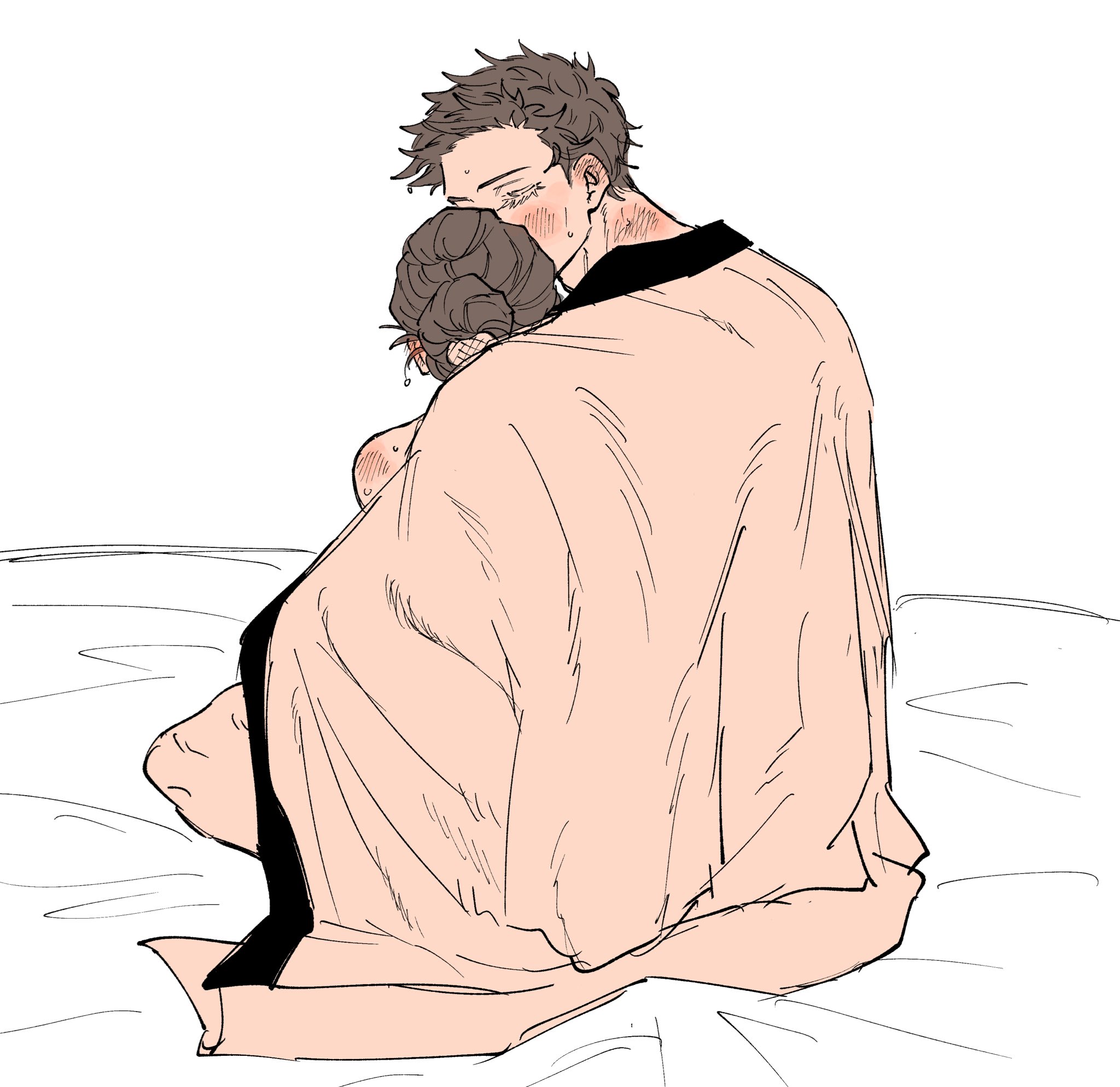 nabeoishi 705, hakuji (kimetsu no yaiba), koyuki (blue archive), kimetsu no yaiba, highres, 1boy, 1girl, bed sheet, blush, closed eyes, couple, ear blush, hair bun, haori on shoulders, hetero, japanese clothes, kiss, neck blush, short hair, shoulder blush, single bare shoulder, sitting, sweat, updo, white background