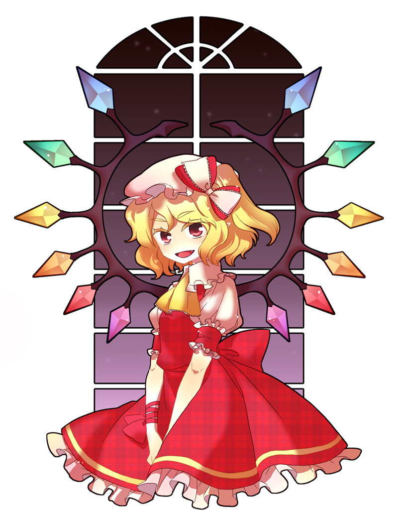 fuyu kitsune, flandre scarlet, touhou, no legs, plaid, bad id, bad pixiv id, 1girl, arm ribbon, blonde hair, bow, colored eyelashes, eyelashes, fang, female focus, hair bow, hat, large bow, mob cap, no nose, open mouth, red eyes, ribbon, short hair, side ponytail, simple background, smile, solo, v arms, window, wings