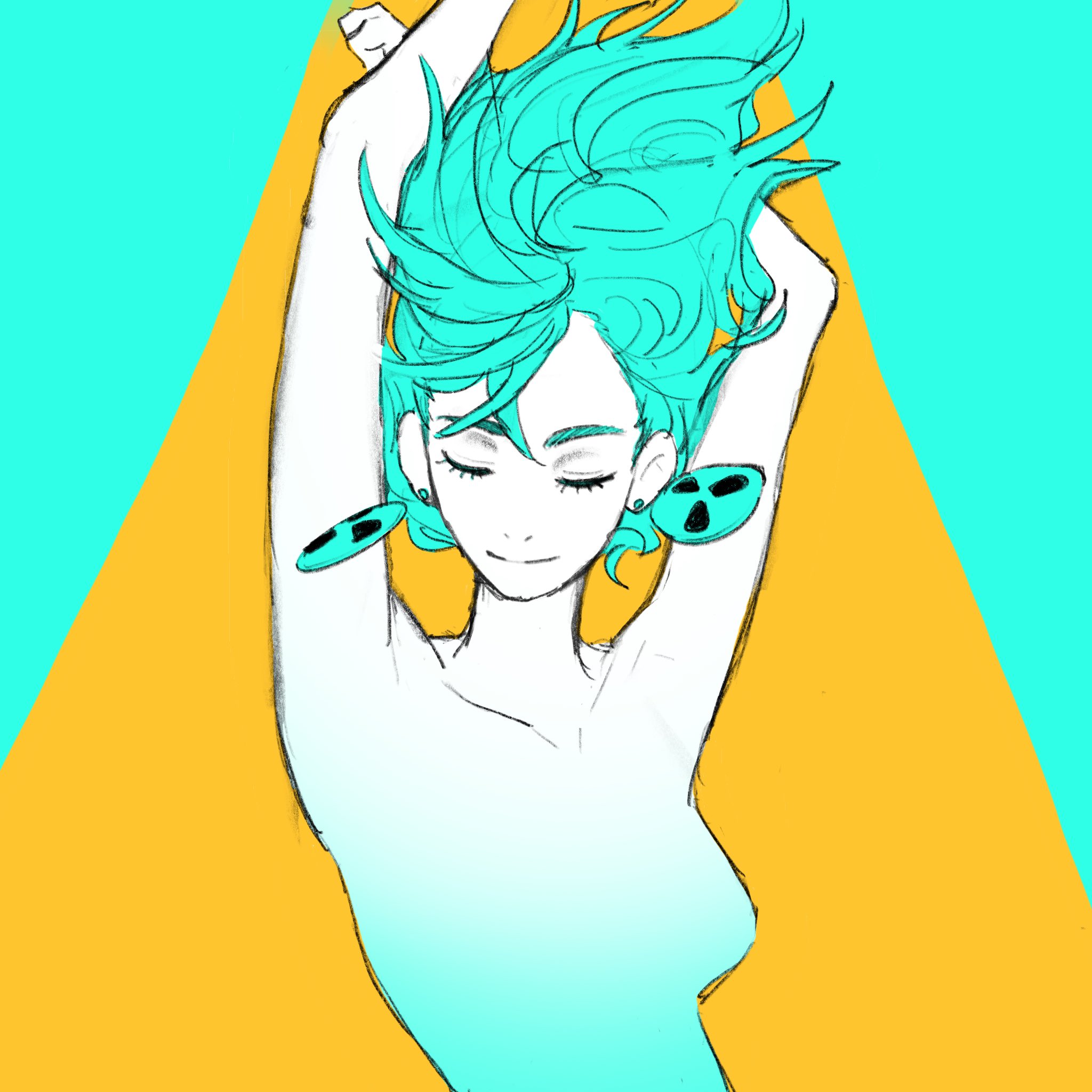 nabeoishi 705, ayase momo, dandadan, highres, 1girl, aqua background, aqua hair, arms behind head, breasts, closed eyes, closed mouth, crossed bangs, earrings, hair between eyes, hands up, jewelry, limited palette, medium breasts, medium hair, orange background, smile, solo, topless female, two-tone background, upper body