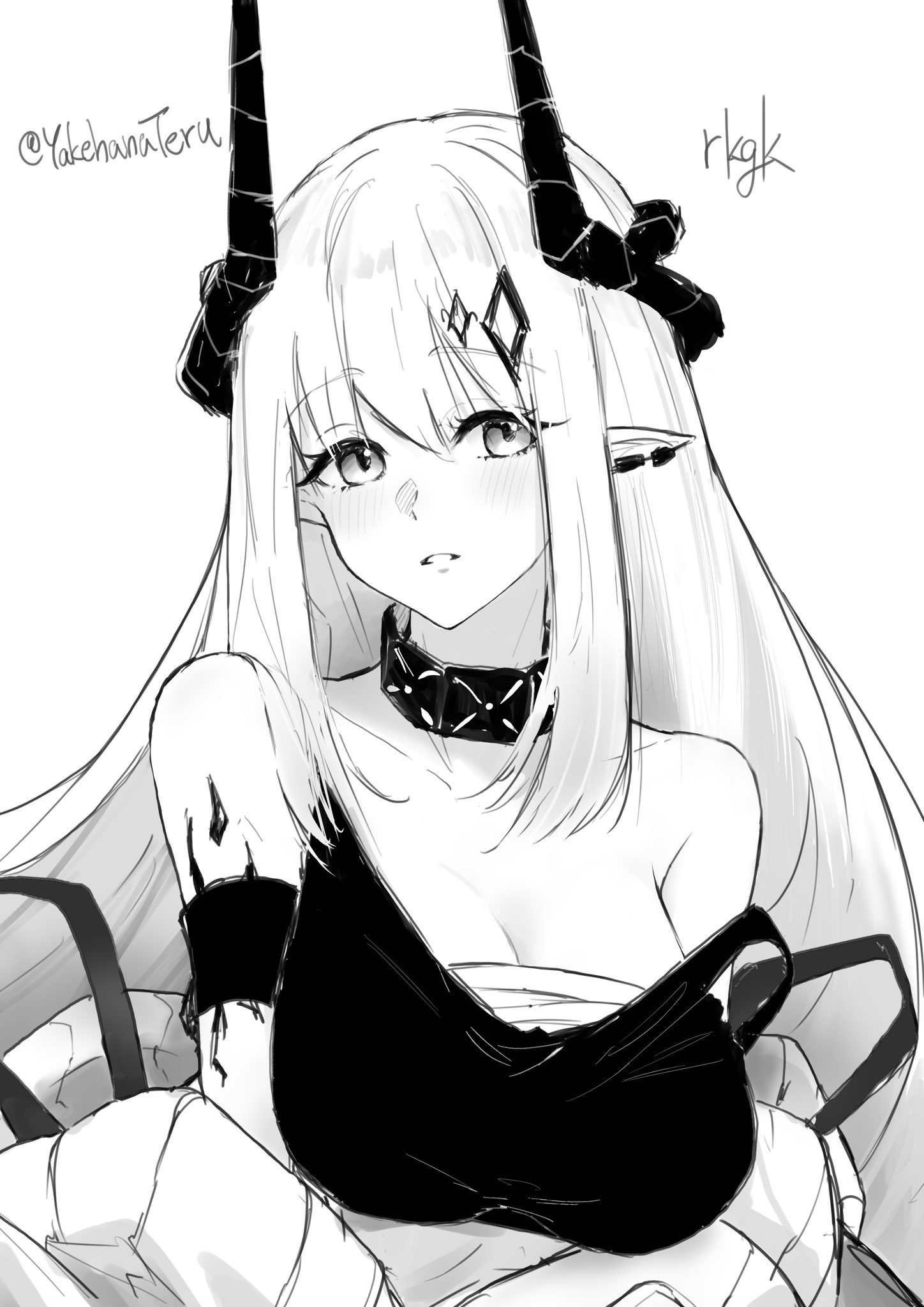 yakehanateru, infection monitor (arknights), mudrock (arknights), mudrock (elite ii) (arknights), arknights, commentary, highres, 1girl, bare shoulders, blush, breasts, chest sarashi, cleavage, ear piercing, greyscale, hair between eyes, horns, large breasts, long hair, material growth, monochrome, off shoulder, oripathy lesion (arknights), parted lips, piercing, pointy ears, sarashi, sidelocks, simple background, solo, sports bra, strap slip, twitter username, upper body, white background