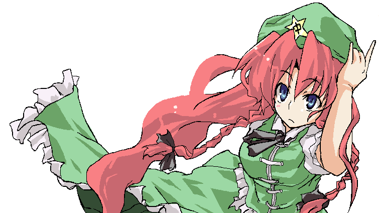 sasurai, hong meiling, touhou, 1girl, breasts, china dress, chinese clothes, dress, female focus, hat, long hair, red hair, ribbon, simple background, solo