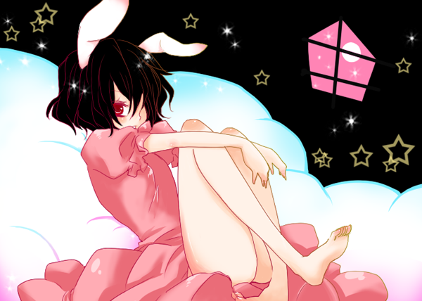 mei (meiko22), mei k, inaba tewi, touhou, bad id, bad pixiv id, 1girl, animal ears, bed, black hair, female focus, rabbit ears, short hair, solo