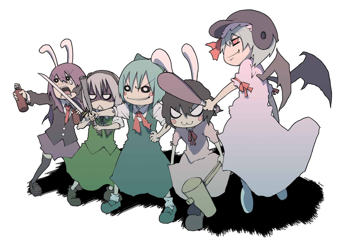 tokomichi, cirno, inaba tewi, konpaku youmu, reisen udongein inaba, remilia scarlet, touhou, spray, bad id, bad pixiv id, 5girls, animal ears, baseball bat, baseball helmet, evil grin, evil smile, female focus, grin, hammer, helmet, katana, multiple girls, rabbit ears, smile, sword, tears, weapon