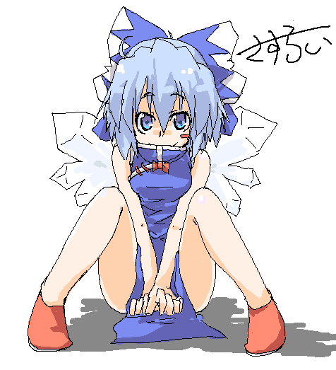 sasurai, cirno, touhou, 1girl, blue hair, china dress, chinese clothes, covering crotch, covering privates, dress, female focus, full body, ribbon, short hair, solo, white background, wings