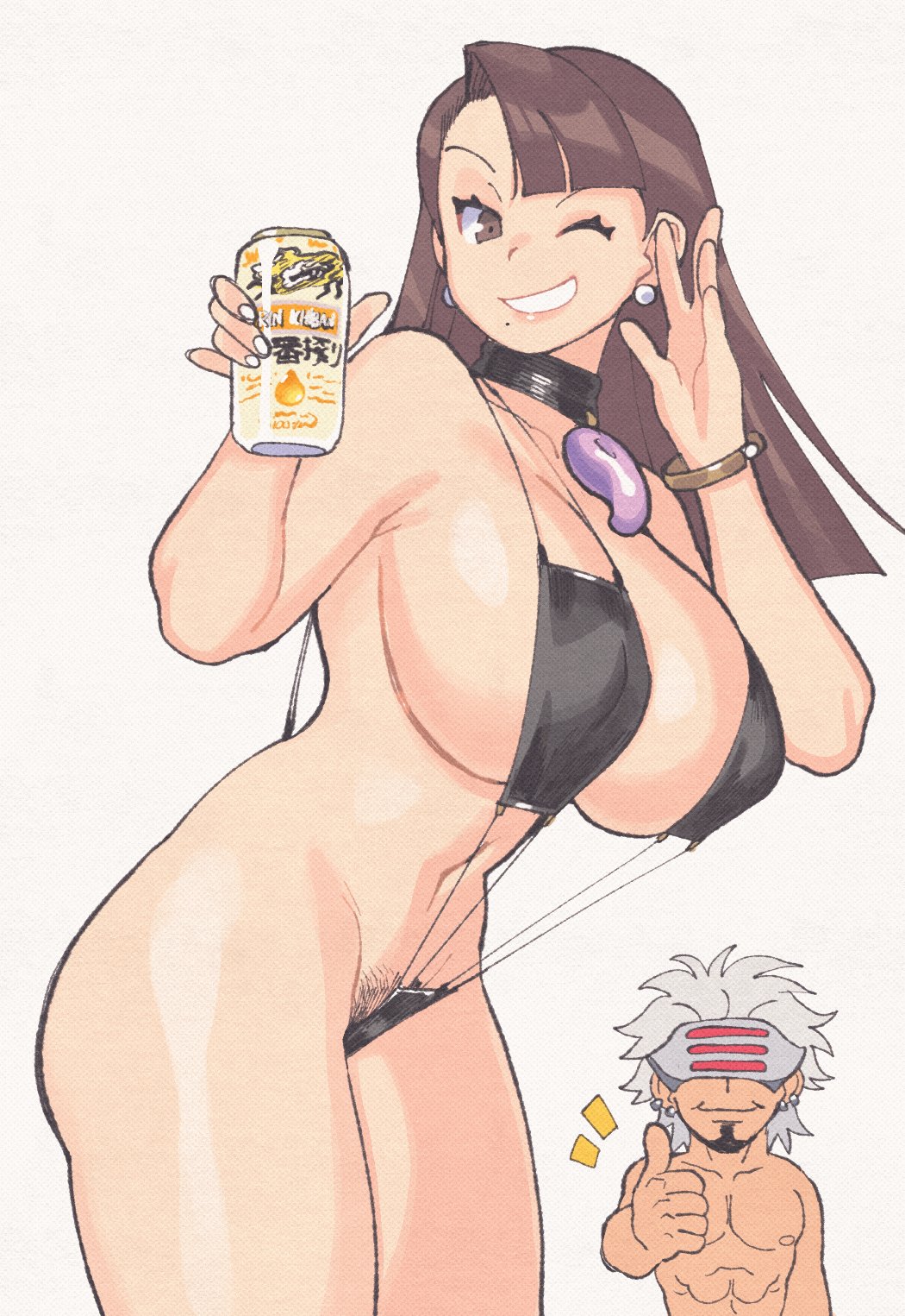 inkerton-kun, mia fey, ace attorney, 1boy, 1girl, beer can, breasts, can, drink can, female focus, mature female, navel, one eye closed, pubic hair, pubic hair peek, sideboob, slingshot swimsuit, smile, swimsuit