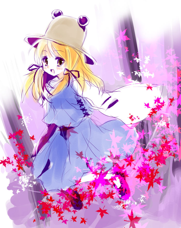 shige, moriya suwako, touhou, 1girl, :o, autumn leaves, blonde hair, blue dress, blush, cowboy shot, dress, extra eyes, female focus, foreshortening, hat, leaf, long sleeves, looking back, open mouth, pillar, short hair, solo, sweater