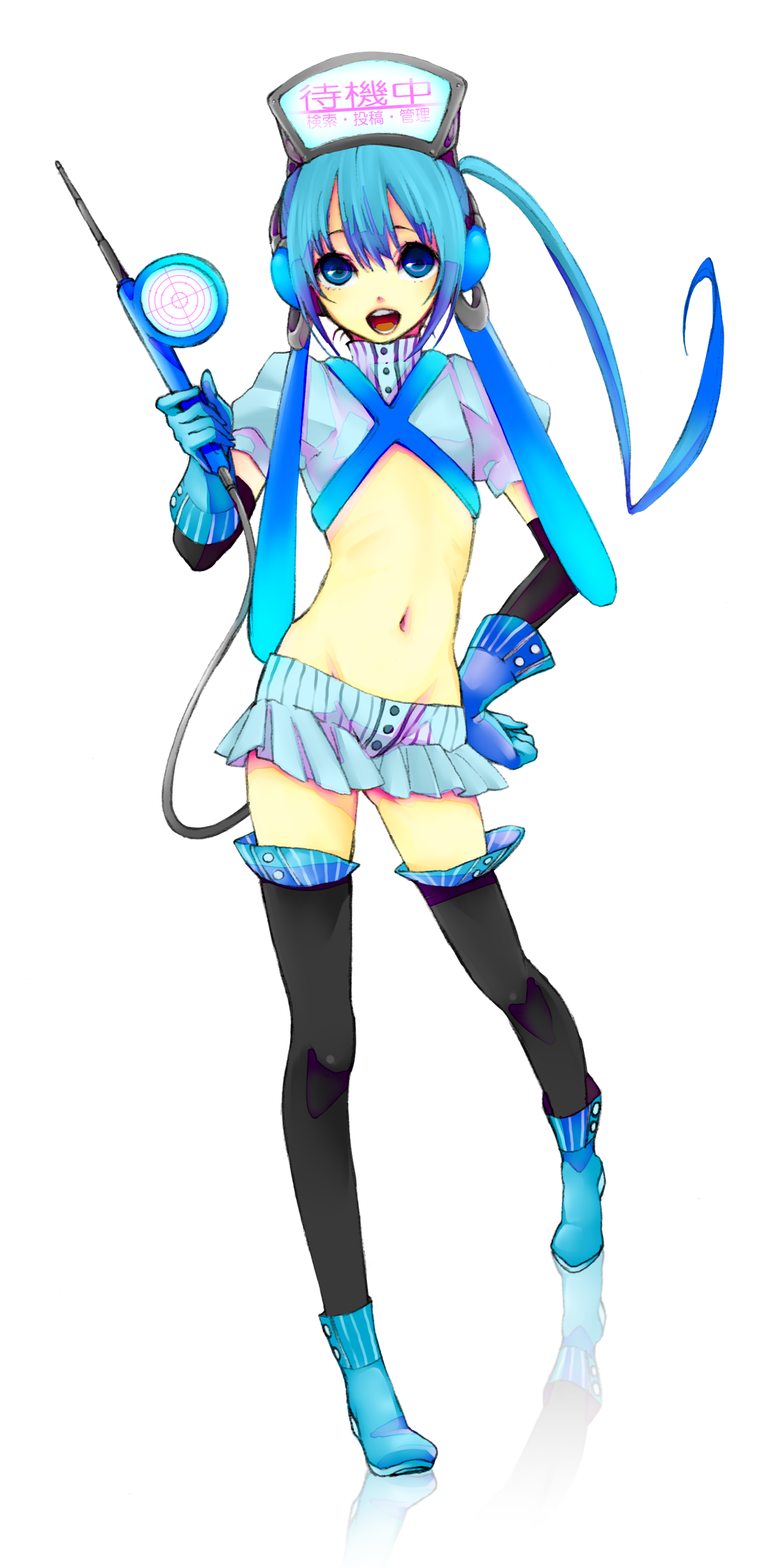 todoroki sora, pixiv-tan, pixiv, absurdres, bad id, bad pixiv id, highres, blue eyes, blue hair, flat chest, legs, navel, short hair, shorts, solo, thighhighs, twintails, zettai ryouiki