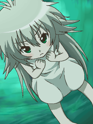 awa, kusano, sekirei, silver hair, lowres, 00s, 1girl, barefoot, clenched hands, dress, female focus, green eyes, jaggy lines, knees up, long hair, looking at viewer, oekaki, sleeveless, sleeveless dress, solo, toes, very long hair, white dress