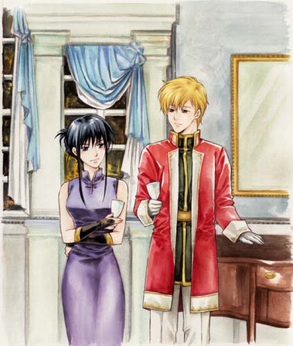 agahari, ayra (fire emblem), naoise (fire emblem), fire emblem, fire emblem: genealogy of the holy war, nintendo, alternate hairstyle, black hair, dress, fingerless gloves, glass, gloves, grey eyes, hair bun, hair up, single hair bun