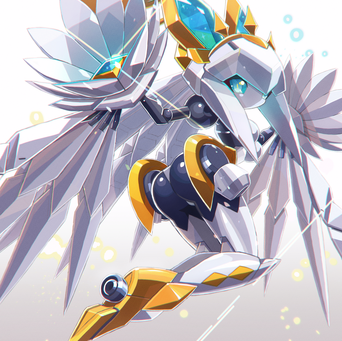 yoyoyoyoyo (turuse), medarot, original, highres, 1girl, ass, blue eyes, blue gemstone, breasts, diffraction spikes, expressionless, floating, from behind, full body, gem, glint, grey background, high heels, humanoid robot, joints, looking at viewer, looking back, mechanical wings, medium breasts, narrow waist, no mouth, no nose, robot, robot girl, robot joints, sideways glance, solo, sparkle, wide hips, winged arms, wings