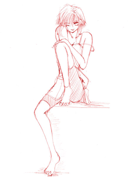 cross-empire, crossempire, larcei (fire emblem), fire emblem, fire emblem: genealogy of the holy war, nintendo, 1girl, barefoot, casual, feet, monochrome, red theme, short hair, sketch