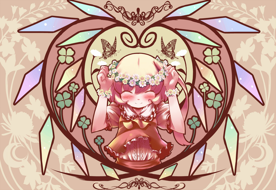 takahero, flandre scarlet, touhou, 1girl, blonde hair, blush, female focus, flower, ponytail, solo, upper body, wings