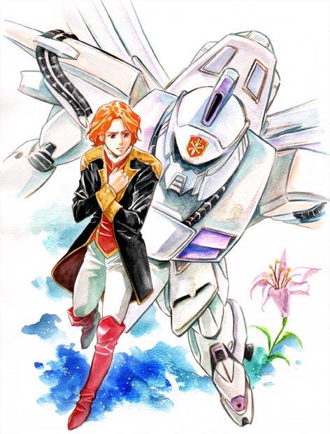 agahari, cecily fairchild, vigna ghina, gundam, gundam f91, 1990s (style), flower, jacket, mecha, orange hair, retro artstyle, robot, short hair, solo