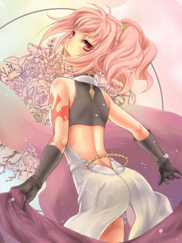 murakami yuichi, anya alstreim, code geass, bad id, bad pixiv id, 00s, back, giv (pixiv), gloves, long hair, pink eyes, pink hair, shorts, solo