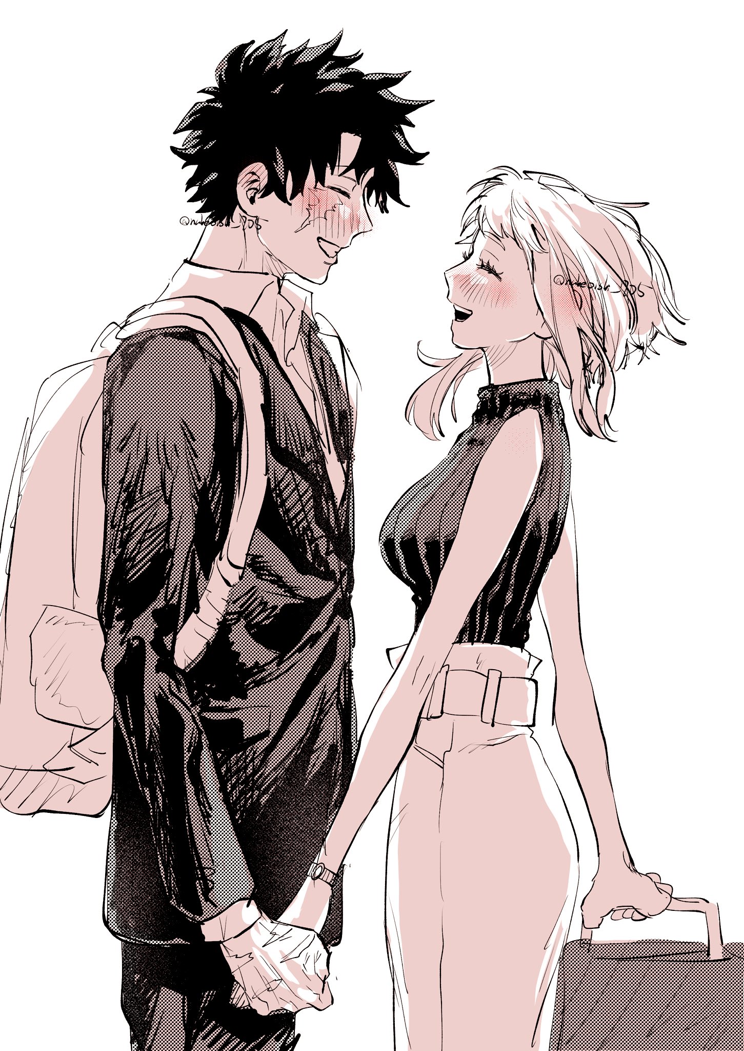 nabeoishi 705, midoriya izuku, uraraka ochako, boku no hero academia, highres, 1boy, 1girl, backpack, bag, bare shoulders, black jacket, black pants, blush, breasts, closed eyes, collared shirt, couple, facial scar, hetero, high-waist pants, holding, holding hands, holding suitcase, jacket, medium breasts, monochrome, open mouth, pants, parted lips, rolling suitcase, scar, scar on cheek, scar on face, scar on hand, shirt, short bangs, short hair, sidelocks, sleeveless, sleeveless turtleneck, smile, suitcase, teeth, turtleneck, twintails, white background