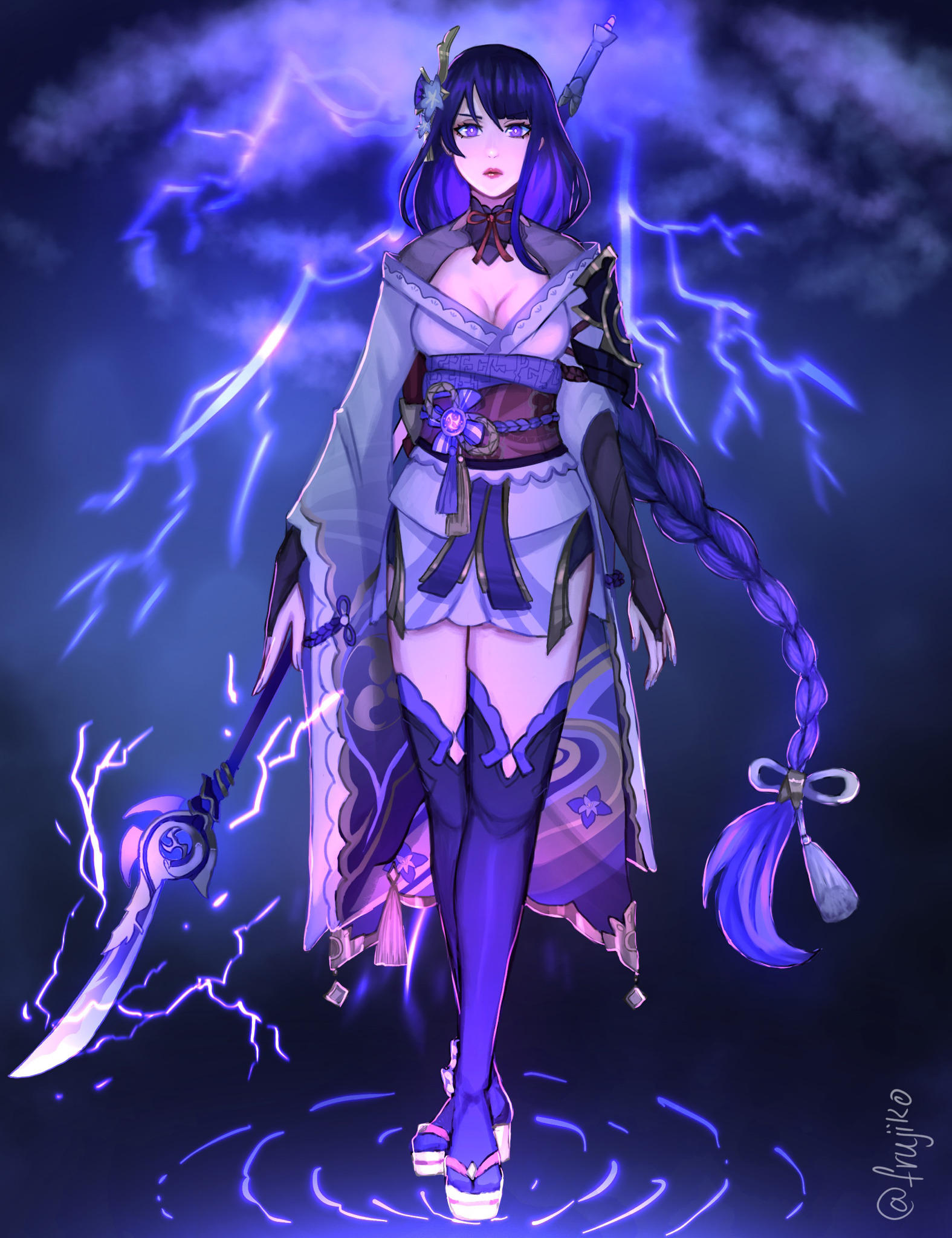 raiden shogun, genshin impact, highres, 1girl, armor, artist name, blunt bangs, blurry, blurry background, braid, breasts, bridal gauntlets, cleavage, closed mouth, cloud, cloudy sky, electricity, fan hair ornament, flower, flower ornament, frujiko, full body, glowing, gradient hair, hair ribbon, holding, holding polearm, holding weapon, japanese clothes, kimono, large breasts, long braid, long hair, looking at viewer, motion blur, multicolored hair, neck ribbon, no mole, off shoulder, polearm, purple eyes, purple flower, purple hair, purple kimono, purple nails, purple ribbon, purple thighhighs, red lips, red ribbon, red sash, ribbon, ripples, sash, shoulder armor, single braid, sky, solo, standing, storm, thick lips, thighhighs, twitter username, weapon