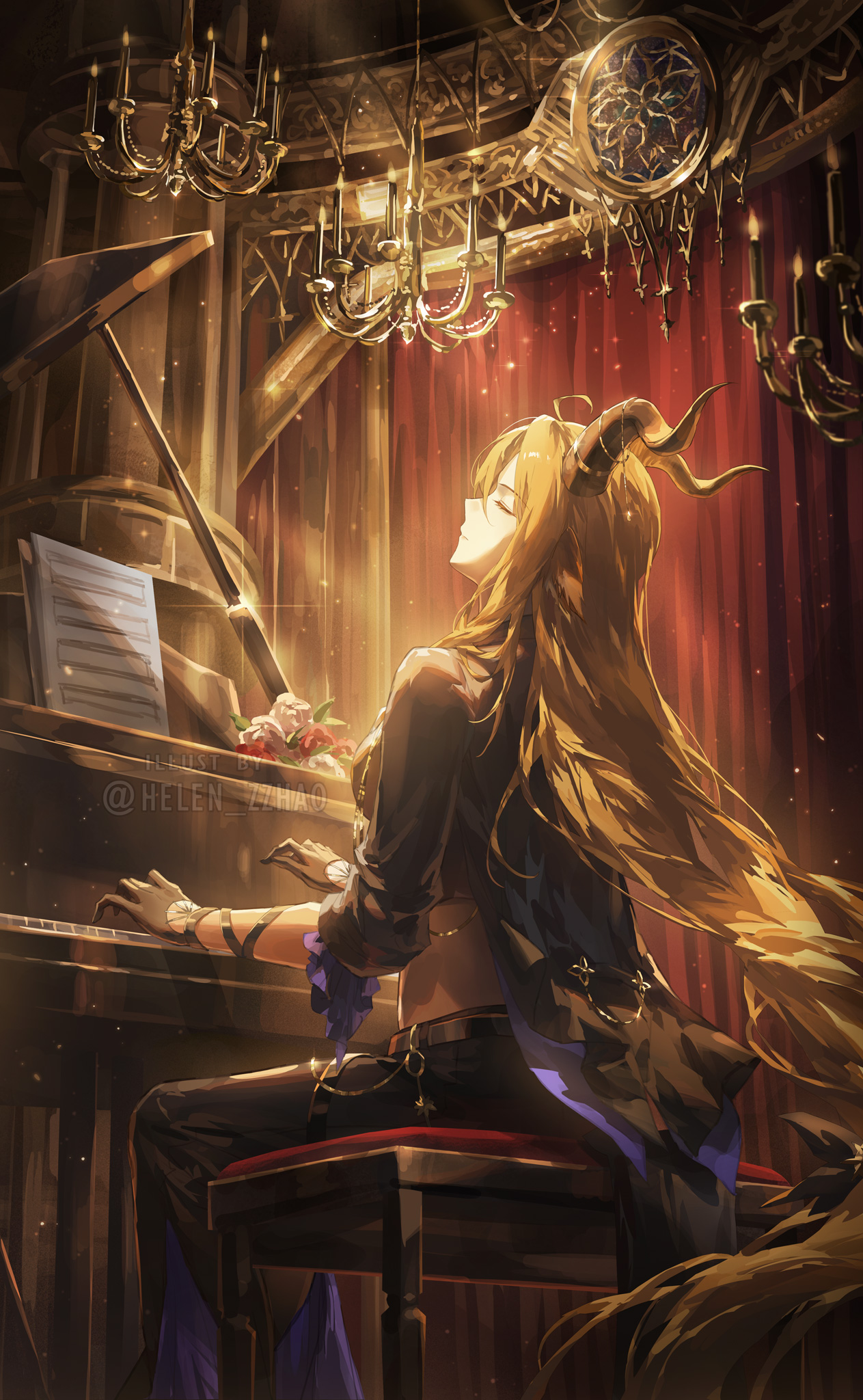 helen zzhao, degenbrecher (arknights), arknights, commentary, english commentary, highres, 1girl, arm strap, black pants, black shirt, blonde hair, brown gloves, brown horns, candle, closed eyes, closed mouth, curled horns, curtains, feet out of frame, fire, flower, glint, gloves, gold, head back, horns, instrument, light particles, long hair, music, on stool, pants, piano, piano bench, playing instrument, playing piano, profile, red flower, shirt, sitting, solo, stool, thigh strap, twitter username, very long hair, watermark, white flower