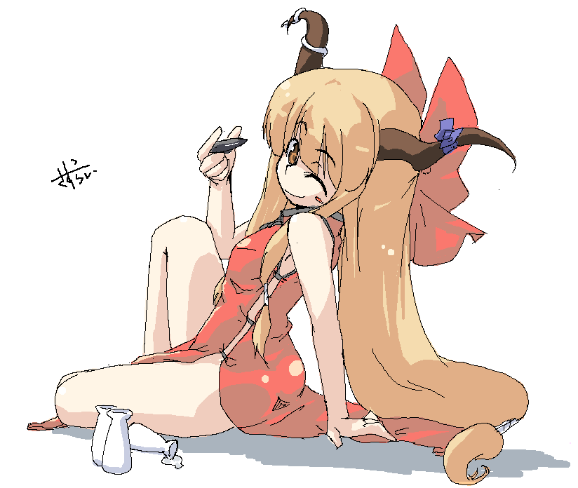 sasurai, ibuki suika, touhou, 1girl, china dress, chinese clothes, dress, drink, female focus, horns, one eye closed, simple background, solo, white background, wink